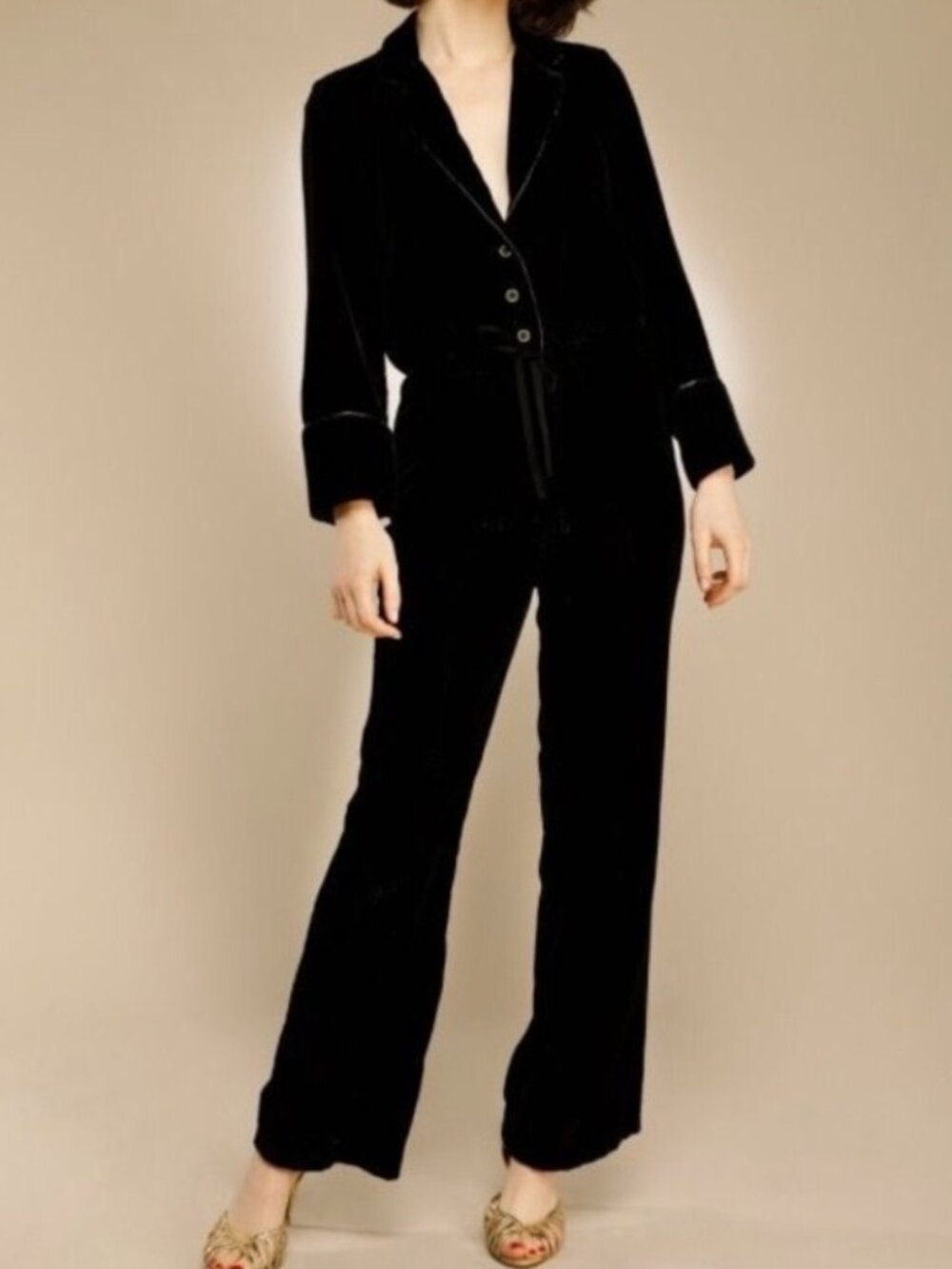 Rouje Black Velvet Metallic Button Front Jumpsuit 36 / US 4